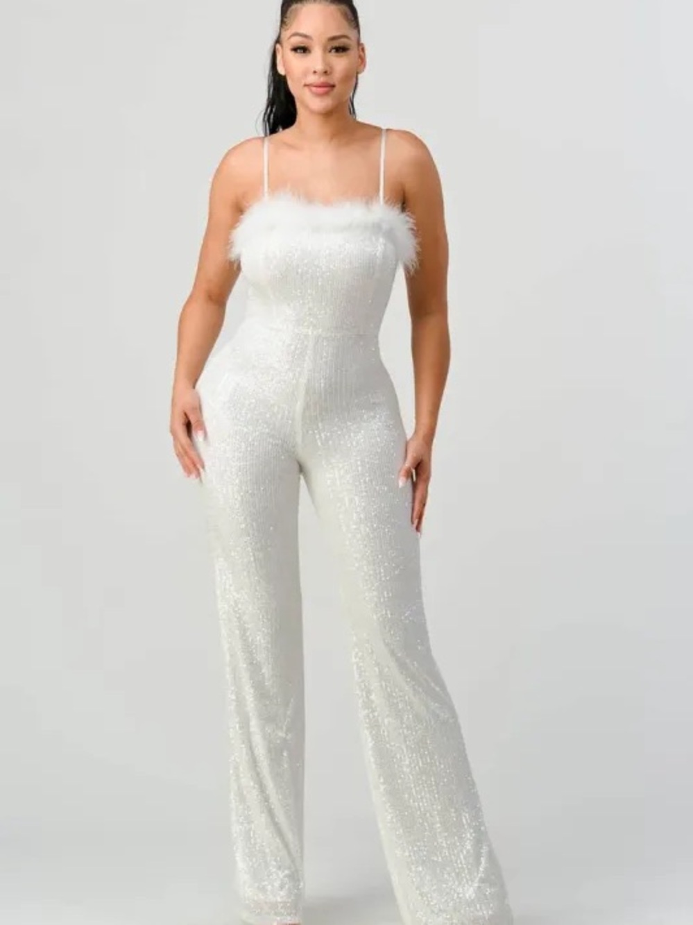 Privy feather trim white sequin flare leg jumpsuit